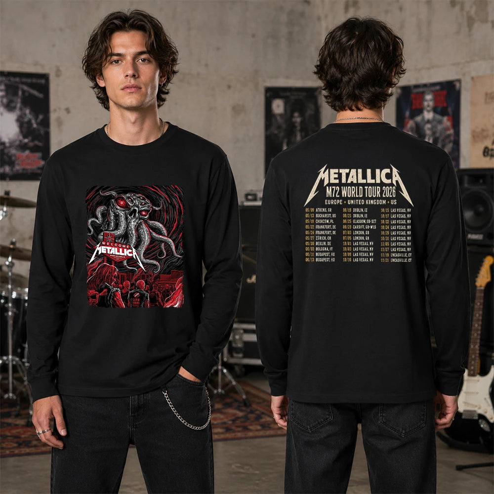 Front and back view of a Metallica Sphere Las Vegas October 1 2026 2 Side T-Shirt featuring Welcome Tentacle Skull artwork on the front and an M72 World Tour 2026 date list on the back.